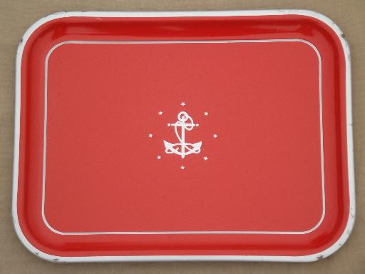 photo of vintage metal tray set, red w/ silver anchor meal trays, nautical style!  #3