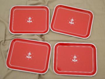 catalog photo of vintage metal tray set, red w/ silver anchor meal trays, nautical style! 