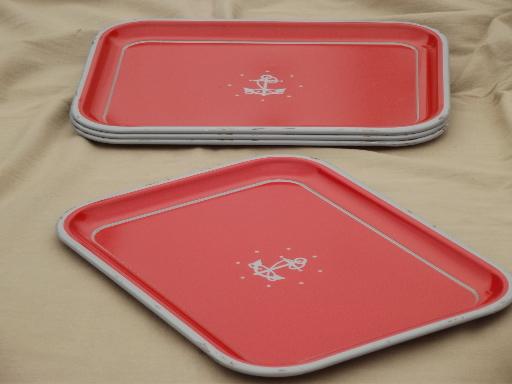 photo of vintage metal tray set, red w/ steel grey anchors, nautical style meal trays #2