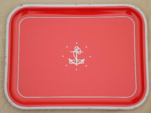 photo of vintage metal tray set, red w/ steel grey anchors, nautical style meal trays #3