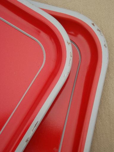 photo of vintage metal tray set, red w/ steel grey anchors, nautical style meal trays #5