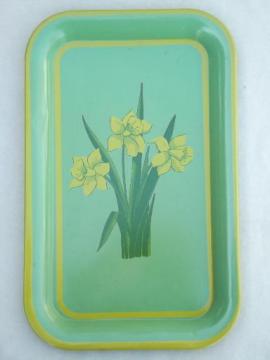 catalog photo of vintage metal tray, yellow daffodils on jadite green, 40s 50s retro!