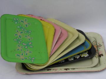catalog photo of vintage metal trays for hand-painting, shabby old tole tray lot