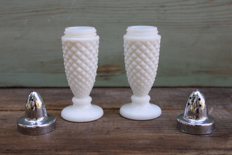 photo of vintage milk glass S&P shakers, English hobnail pattern glass salt and pepper set #1