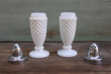 catalog photo of vintage milk glass S&P shakers, English hobnail pattern glass salt and pepper set 