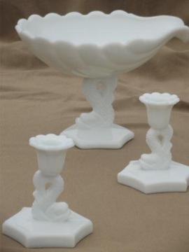 catalog photo of vintage milk glass Westmoreland dolphin & shell compote bowl & candlesticks