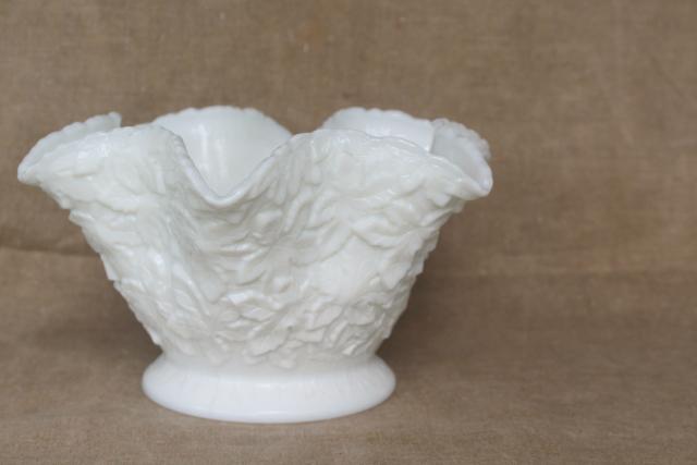 photo of vintage milk glass, Westmoreland maple leaf pattern rose bowl vase, embossed leaves #1