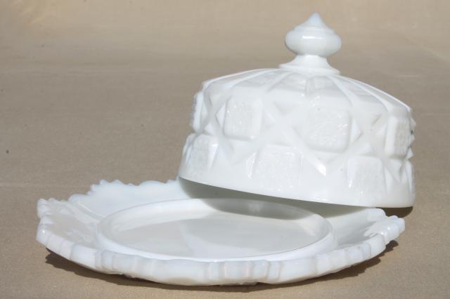 photo of vintage milk glass Westmoreland old quilt round cheese or covered butter dish #2