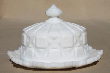 catalog photo of vintage milk glass Westmoreland old quilt round cheese or covered butter dish