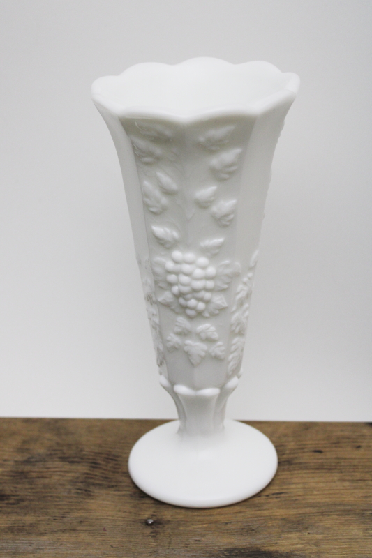 photo of vintage milk glass, Westmoreland paneled grape pattern belled vase #2