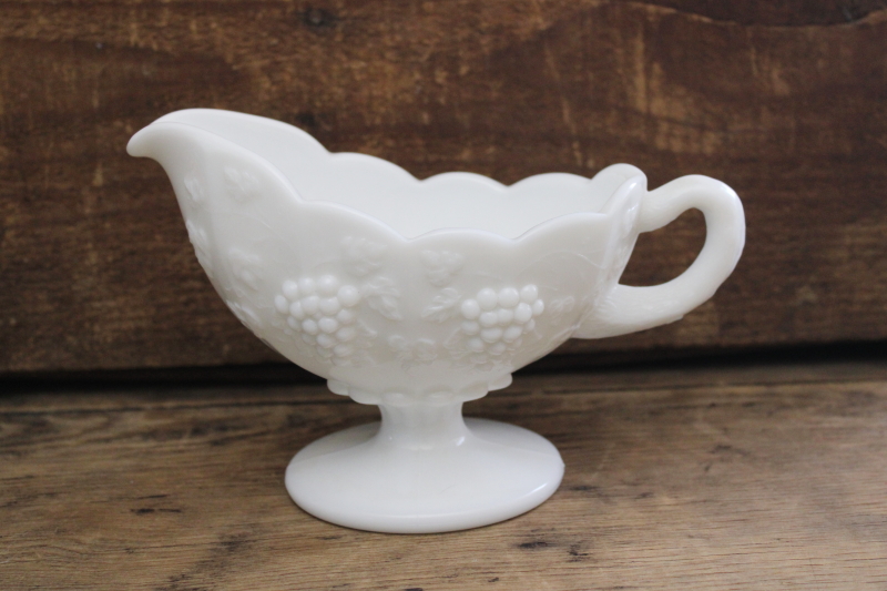 photo of vintage milk glass, Westmoreland paneled grape pattern sauce pitcher or gravy boat #1