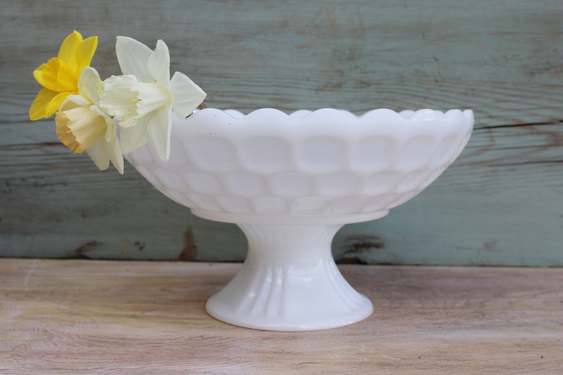 photo of vintage milk glass Yorktowne thumbprint pattern large compote, dessert stand or flower bowl #1