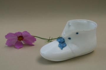 catalog photo of vintage milk glass, baby shoe planter - hand painted blue bow infant boot