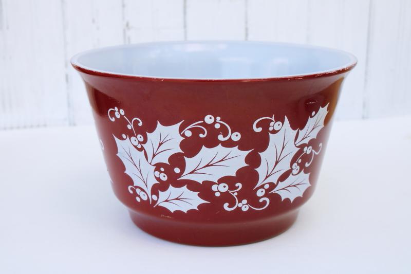 photo of vintage milk glass bowl w/ red & white holly, Christmas punch, eggnog or snacks bowl #1