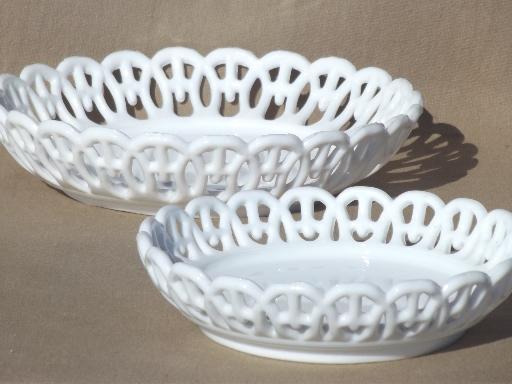 photo of vintage milk glass bowls, antique lace edge border milk glass candy dishes #1