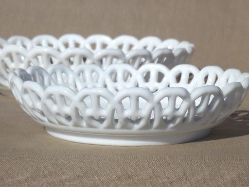 photo of vintage milk glass bowls, antique lace edge border milk glass candy dishes #2