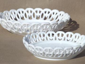 catalog photo of vintage milk glass bowls, antique lace edge border milk glass candy dishes