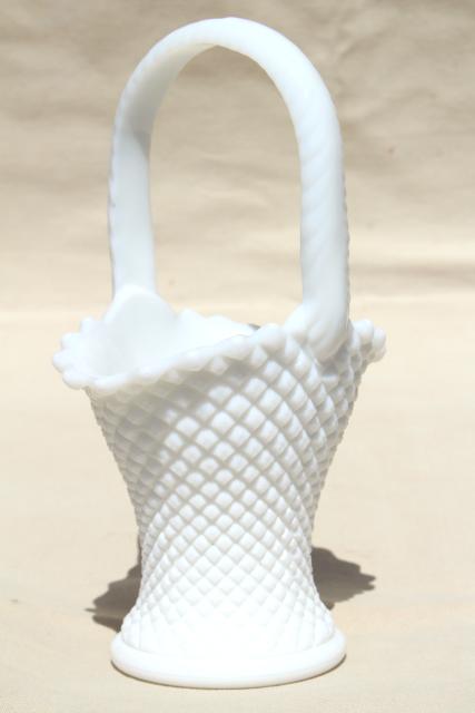 photo of vintage milk glass brides basket flower vase, Westmoreland English hobnail #1