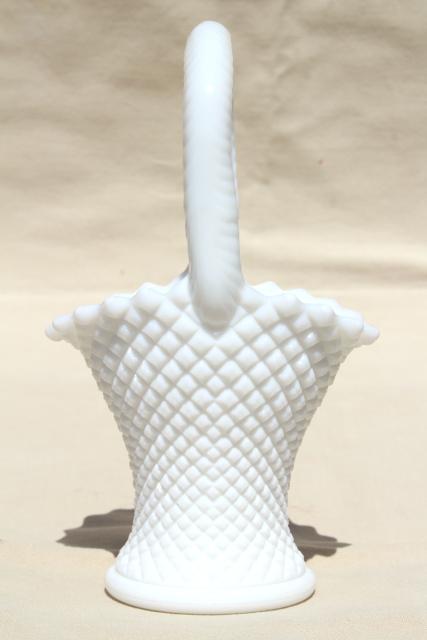 photo of vintage milk glass brides basket flower vase, Westmoreland English hobnail #2