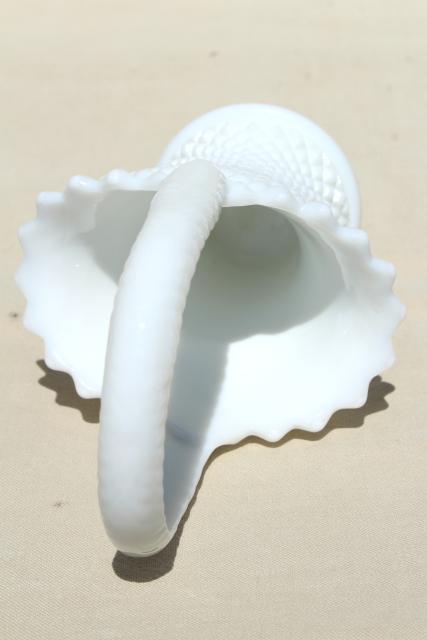 photo of vintage milk glass brides basket flower vase, Westmoreland English hobnail #5