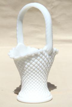 catalog photo of vintage milk glass brides basket flower vase, Westmoreland English hobnail