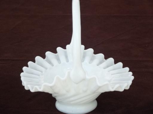 photo of vintage milk glass bride's basket, hand blown art glass basket flower vase #1