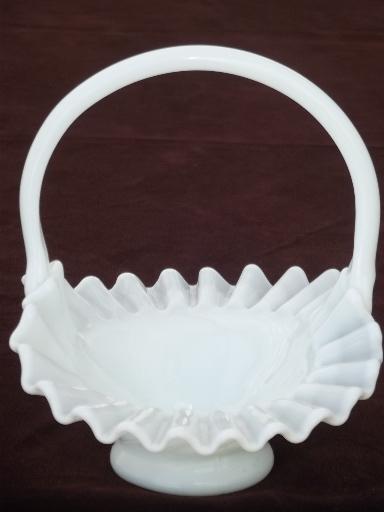 photo of vintage milk glass bride's basket, hand blown art glass basket flower vase #2