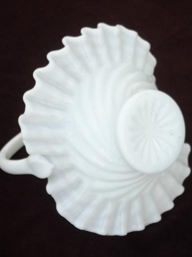 photo of vintage milk glass bride's basket, hand blown art glass basket flower vase #4