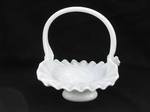 photo of vintage milk glass bride's basket, swirl pattern w/ crimped ruffle edge #2