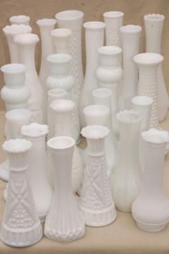 catalog photo of vintage milk glass bud vases, huge lot of florists vases for wedding flowers, displays