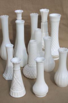 catalog photo of vintage milk glass bud vases, huge lot of florists vases for wedding flowers, displays