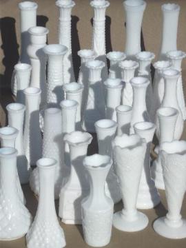 catalog photo of vintage milk glass bud vases, huge lot of florists vases for wedding flowers, displays