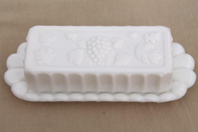photo of vintage milk glass butter dish Westmoreland paneled grape stick butter plate & cover #2