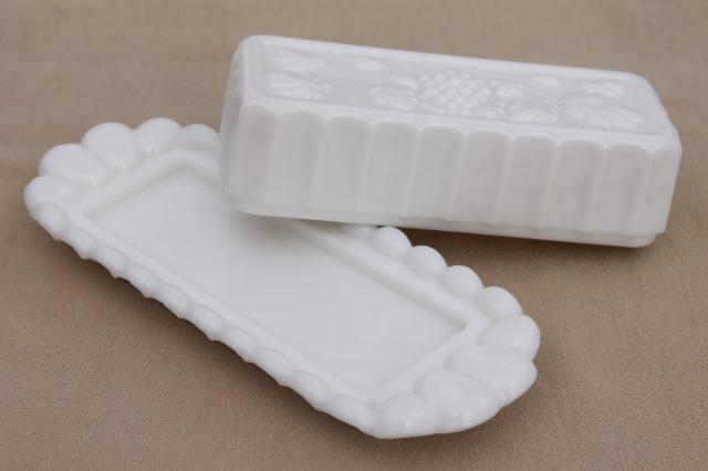 photo of vintage milk glass butter dish Westmoreland paneled grape stick butter plate & cover #3