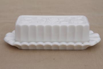 catalog photo of vintage milk glass butter dish Westmoreland paneled grape stick butter plate & cover