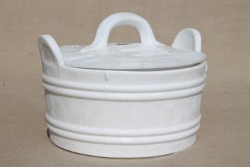 catalog photo of vintage milk glass butter dish w/ lid, old oaken bucket oak barrel pattern glass