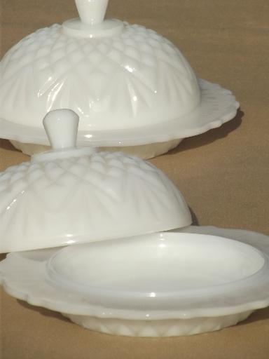 photo of vintage milk glass butter dishes, round dome covered plates pineapple & fan #3