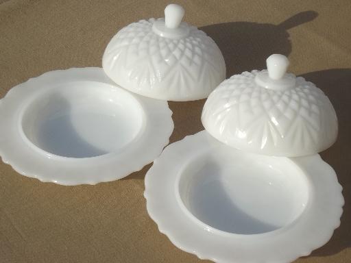 photo of vintage milk glass butter dishes, round dome covered plates pineapple & fan #5