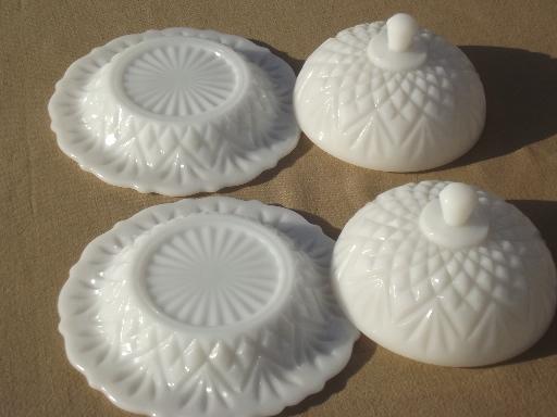 photo of vintage milk glass butter dishes, round dome covered plates pineapple & fan #6
