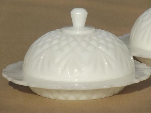 photo of vintage milk glass butter dishes, round dome covered plates pineapple & fan #7
