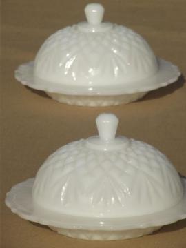 catalog photo of vintage milk glass butter dishes, round dome covered plates pineapple & fan