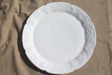 catalog photo of vintage milk glass cake plate or platter, Indiana harvest grapes pattern glass