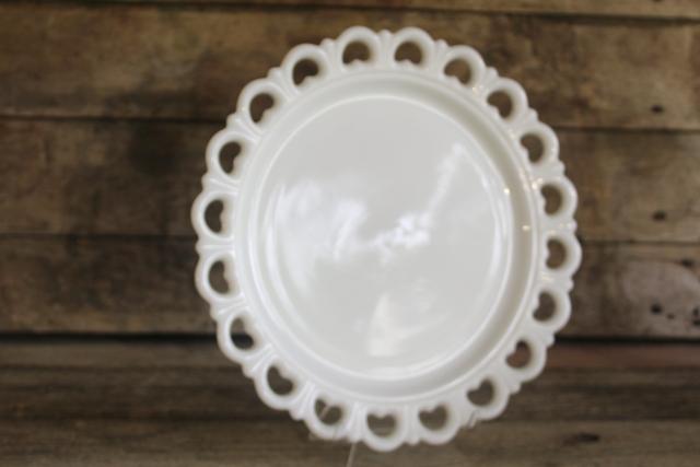 photo of vintage milk glass cake plate or serving tray, Anchor Hocking open lace edge #1