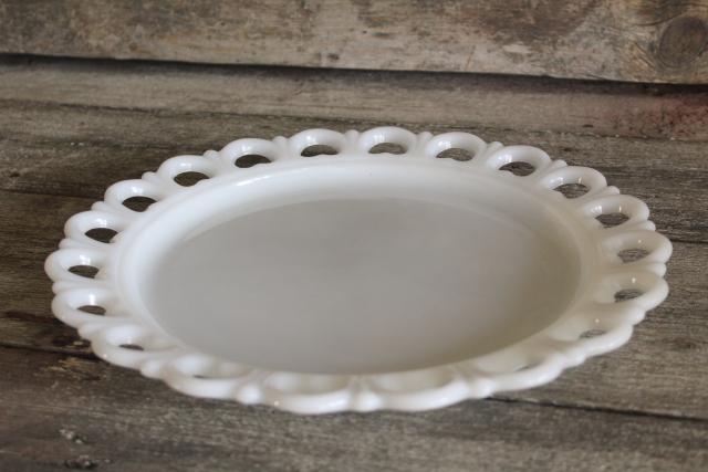 photo of vintage milk glass cake plate or serving tray, Anchor Hocking open lace edge #2