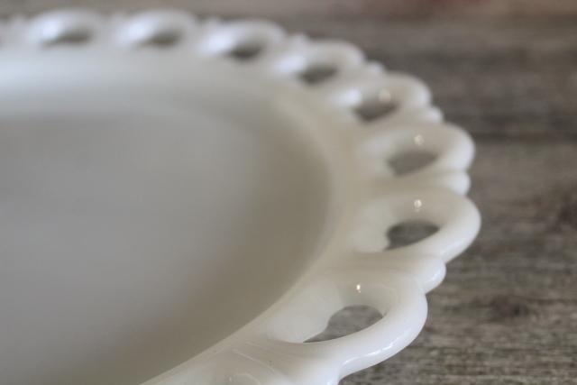 photo of vintage milk glass cake plate or serving tray, Anchor Hocking open lace edge #3