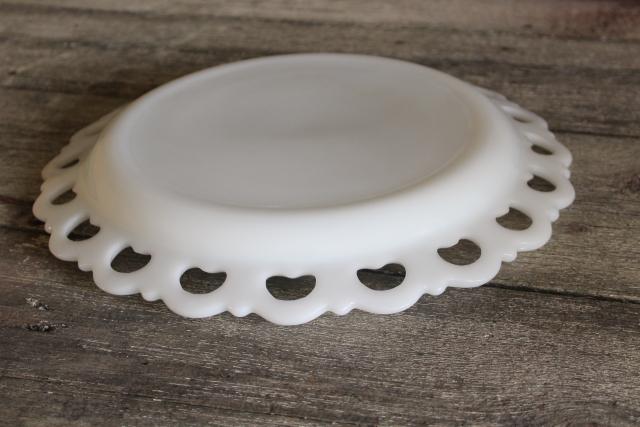 photo of vintage milk glass cake plate or serving tray, Anchor Hocking open lace edge #4