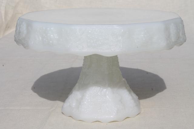 photo of vintage milk glass cake stand, Anchor Hocking grapes harvest grape pattern glass #1