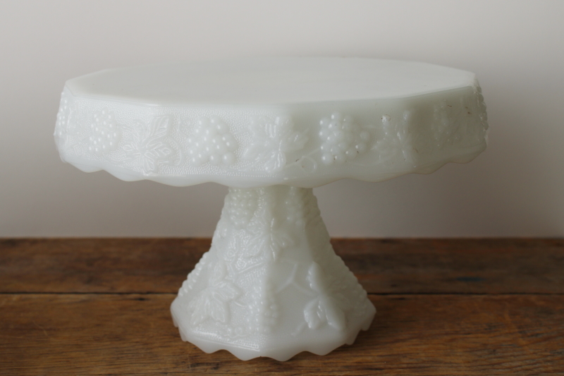 photo of vintage milk glass cake stand, Anchor Hocking harvest grapes pattern glass pedestal plate  #1