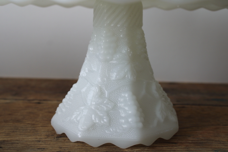 photo of vintage milk glass cake stand, Anchor Hocking harvest grapes pattern glass pedestal plate #3