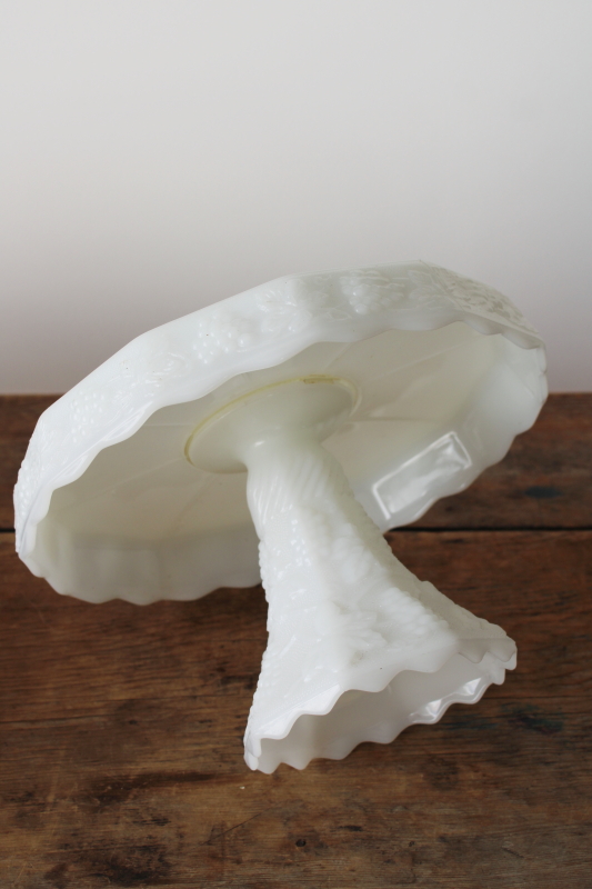 photo of vintage milk glass cake stand, Anchor Hocking harvest grapes pattern glass pedestal plate #4
